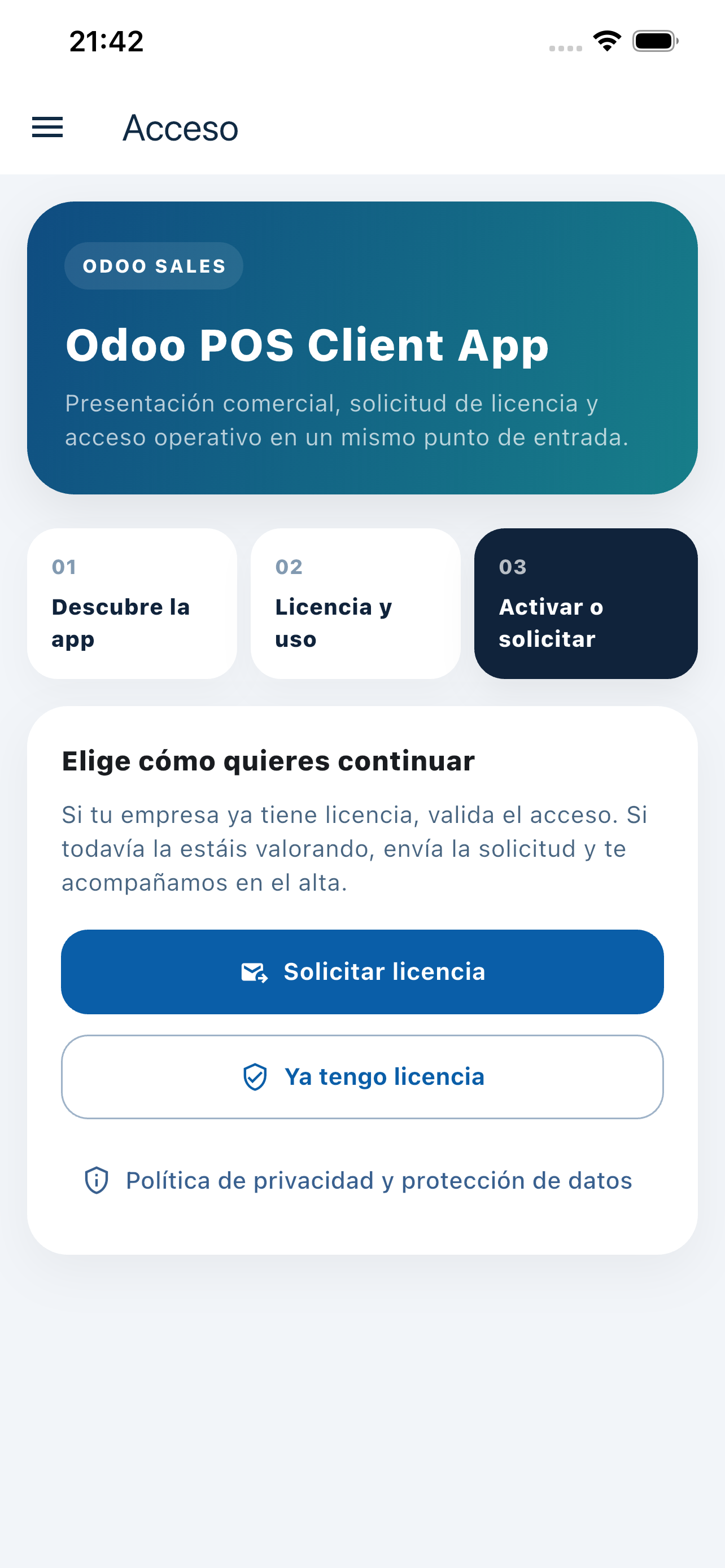 Pantalla de activación de licencia
