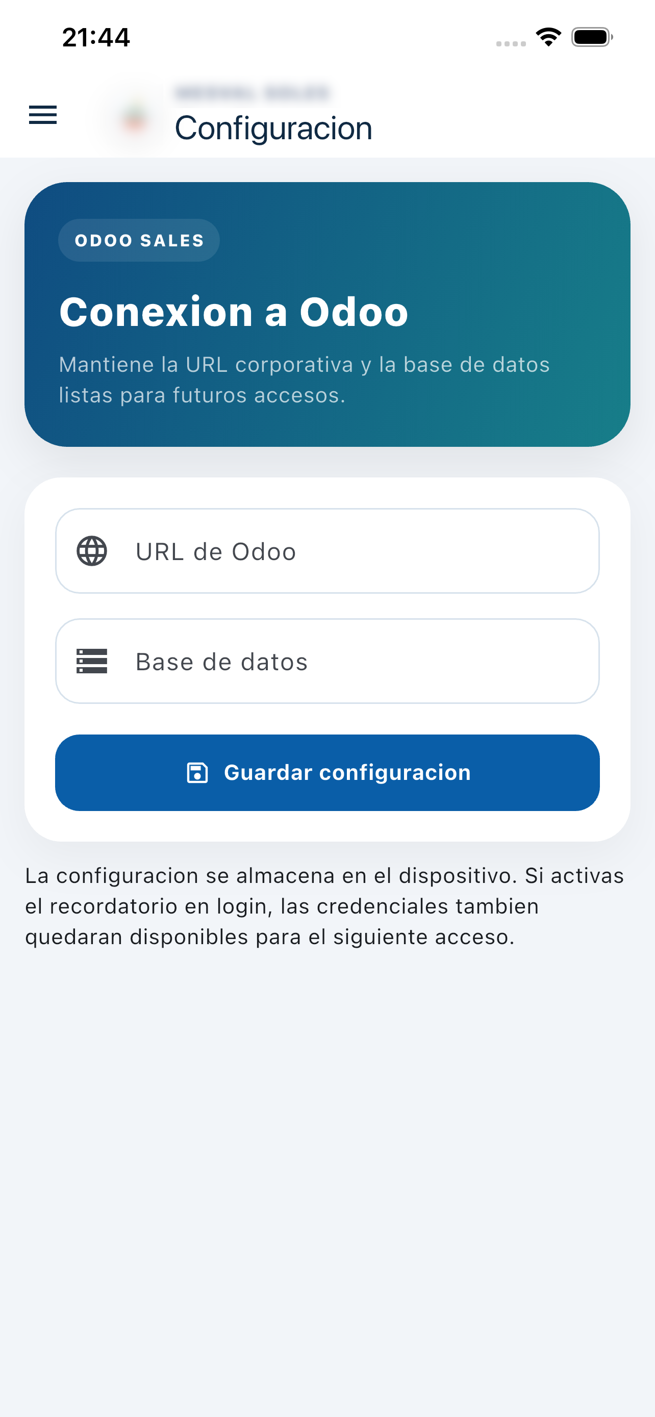 Pantalla de configuración URL y base de datos Odoo